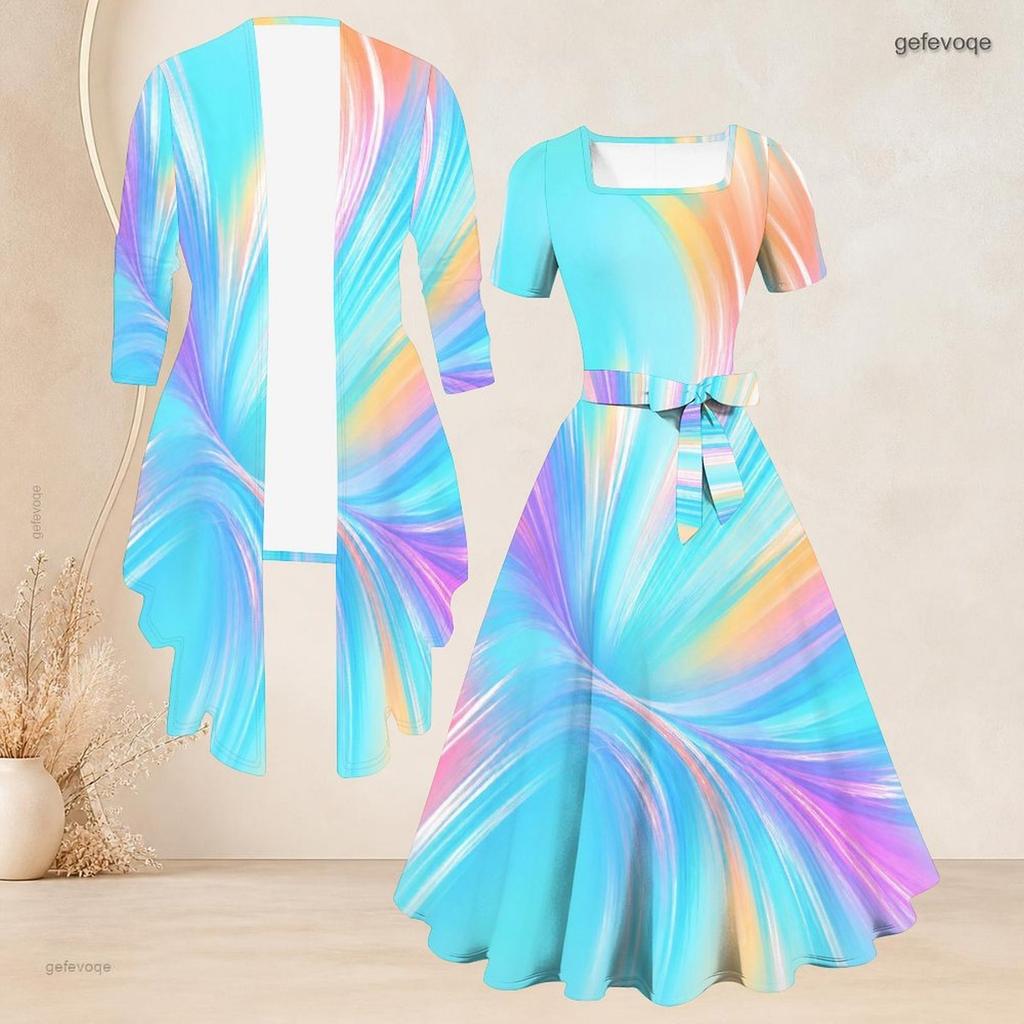 Women Plus Size Two Piece Outfit Square Neck Short Sleeve Tie Waist Flared Dress 3 4 Sleeve Open Cardigan Colorful Printed
