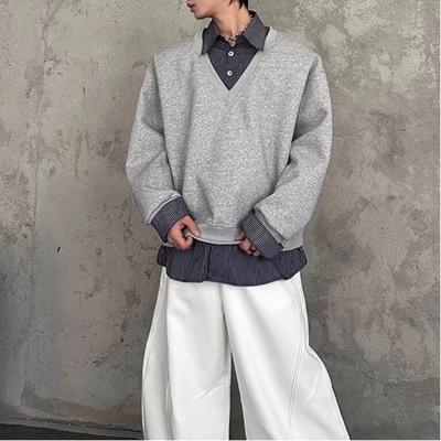 Moletom Masculino Primavera Outono Novo Estilo Coreano Nicho Design Estiloso Falso Duas Peças Costurado Cor Sólida Versátil Solto