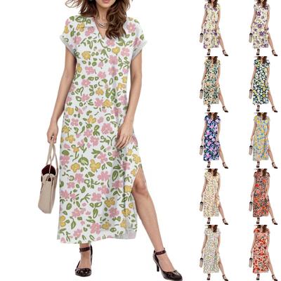 Damen Maxikleid mit Blumenmuster, lässig, V-Ausschnitt, langes Hemdkleid, lockerer Schlitz, Urlaubskleid mit kurzen Ärmeln
