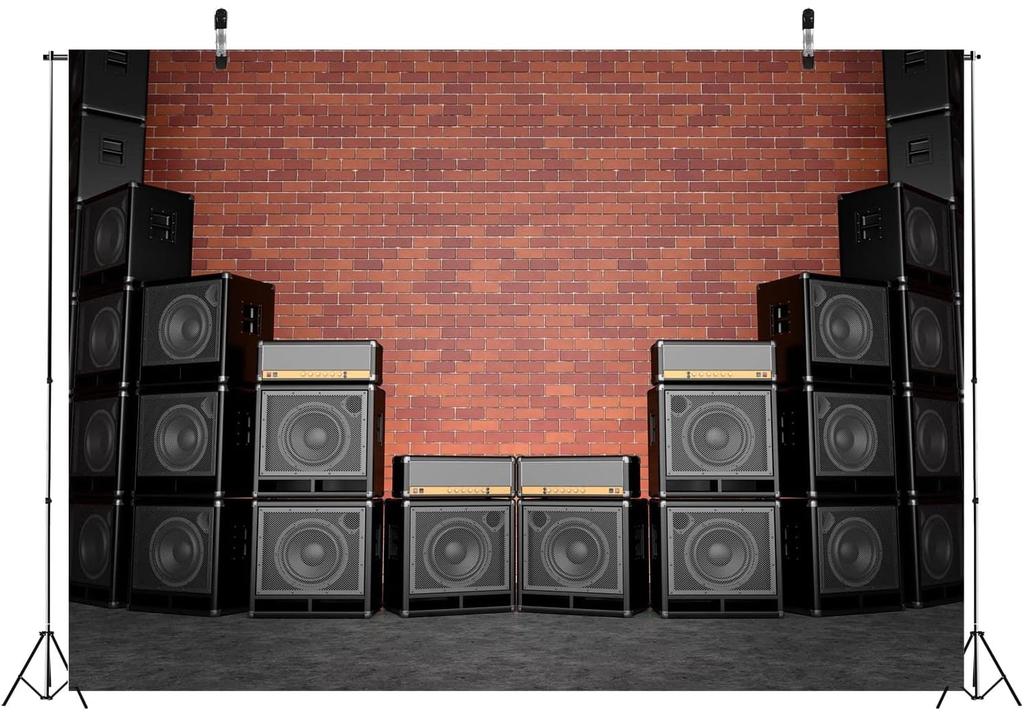 BELECO 8x6ft Fabric Vintage Style Music Backdrop Red Brick Wall Guitar Amps Speaker Rock Band Blues Retro Music Concert Party Backgroun
