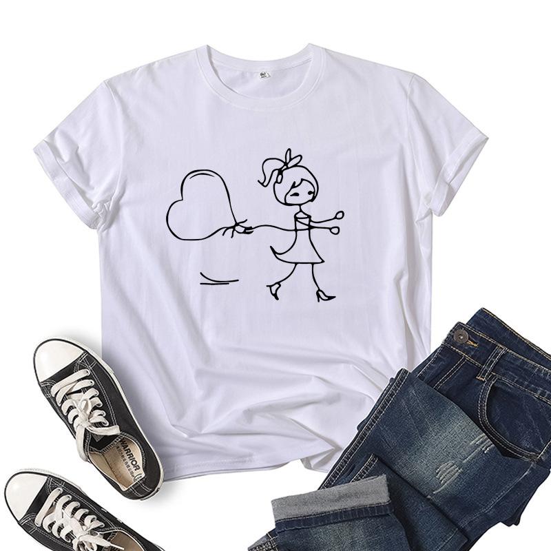 Cartoon Girl Boy Heart Print Couple T Shirt Short Sleeve O Neck Loose King Queen Tshirt Fashion Lovers Tee Shirt Tops Clothes