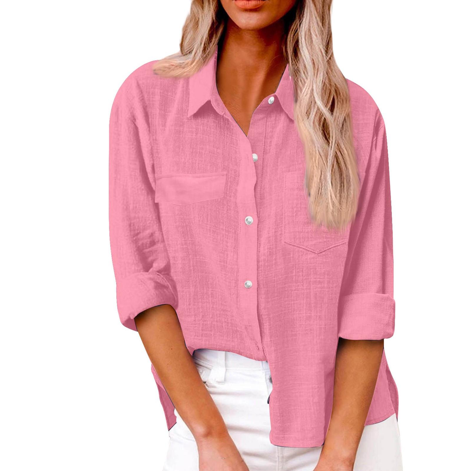 

Женская осенняя однотонная свободная рубашка с длинным рукавом и пуговицами, повседневная рубашка большого размера M розовый