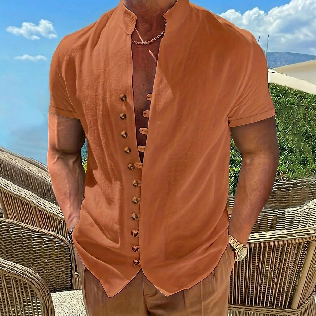 Men Vintage Button Stand Collar Short Sleeve Casual Cotton Summer Shirt