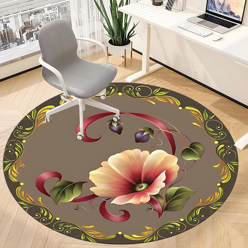 1pc Floral Ornament Office Round Rug, Carpet for Office, Gaming, Lightweight Round Floor Mat yy260205027