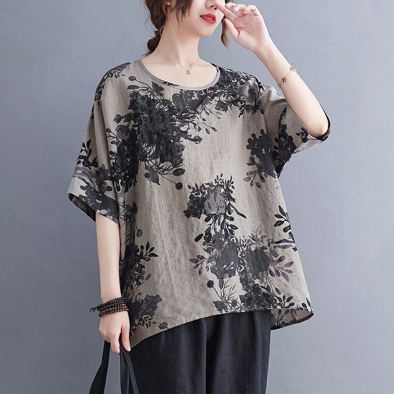 Maglietta larga di grandi dimensioni, casual, con stampa floreale, camicetta inferiore per donna, vintage, scollo a V, maniche a pipistrello, top per donna