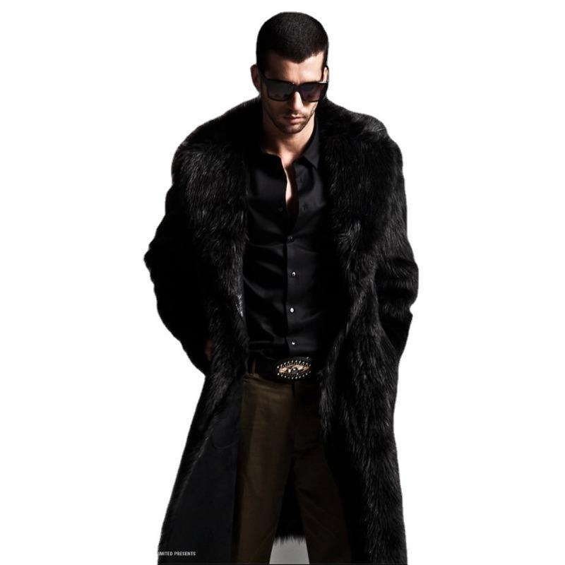 

Black Faux Fur Coat Lapel Collar Fluffy Warm Mid Length Jacket S чёрный