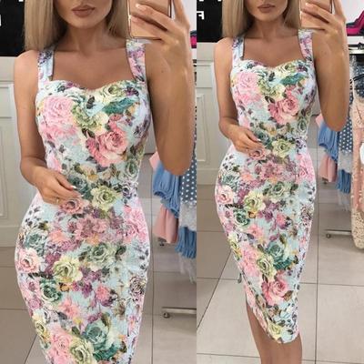 Fashion Women Dress Floral Print Dress Party Gown Pencil Bodycon Party Dress Plus Size
