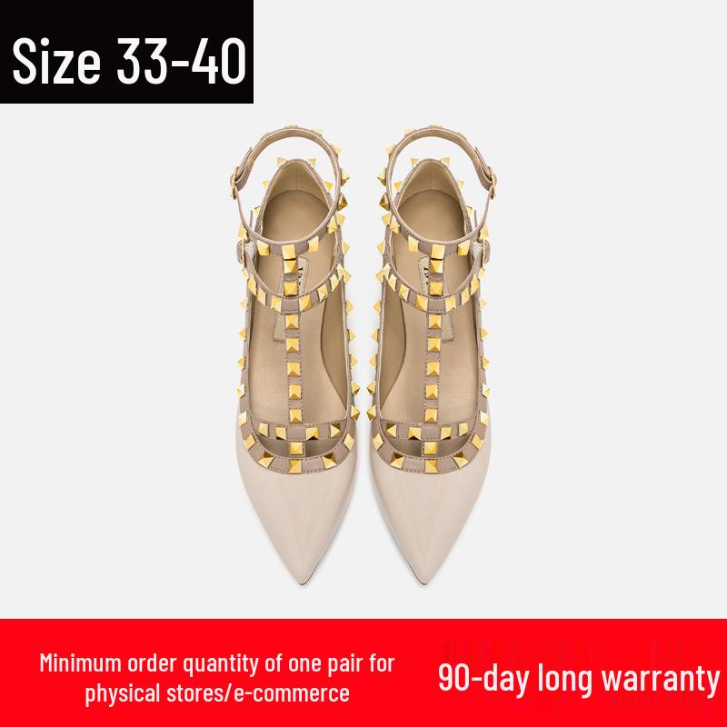 VT Rivet Pointed Toe Lace-Up Flats: 2025 Spring Patent Leather Studded Shoes for Women