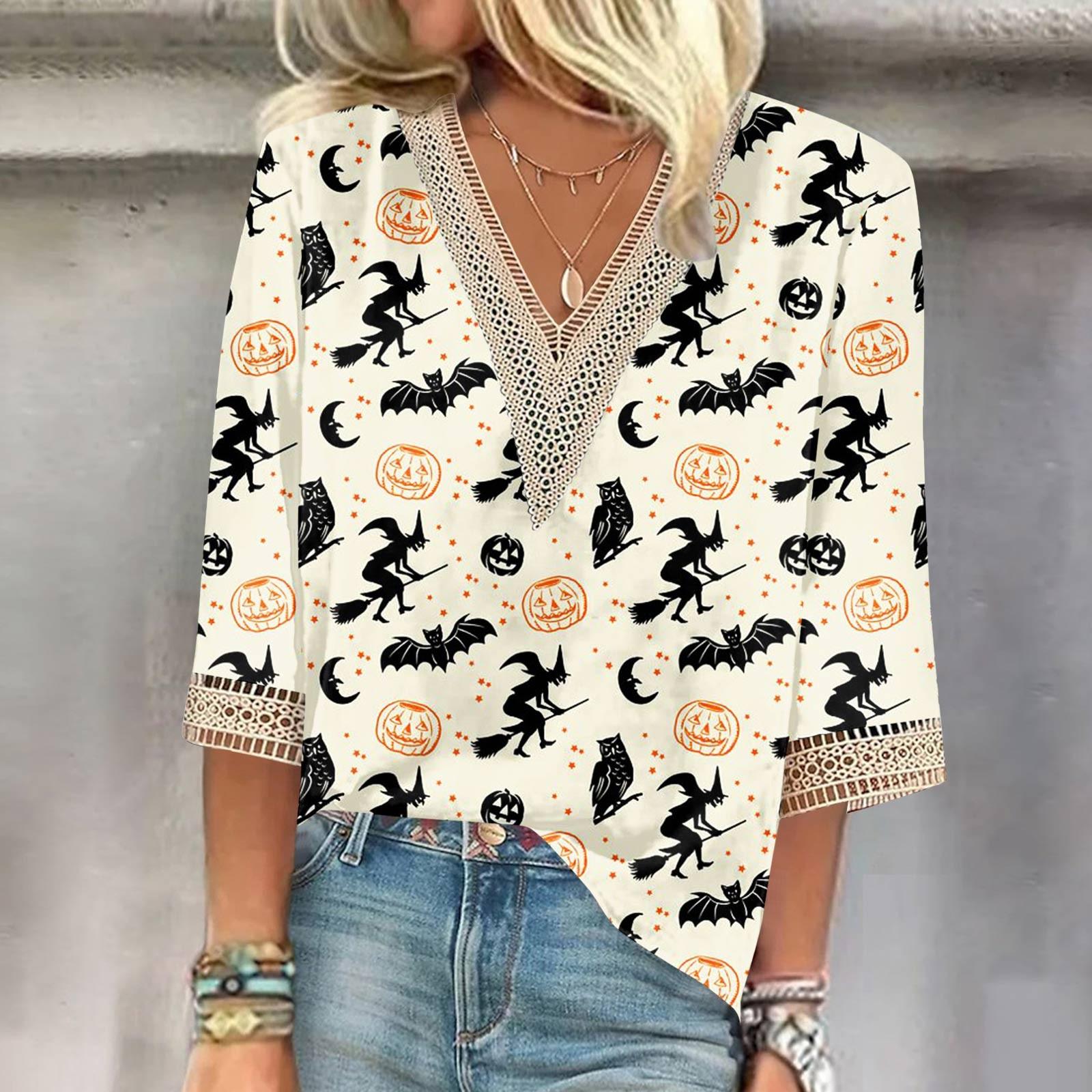 

Женская рубашка, блузка, повседневные свободные рубашки, рукава 3/4, кружевная отделка, Хэллоуин, топы с v-образным вырезом и принтом, топы с принтом, футболки, футболки XL бежевый