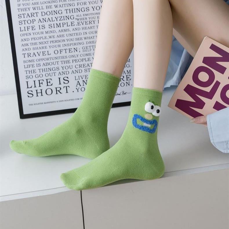 3 Pairs Women's Spring Summer New Cotton Socks Cute Cartoon Ugly Cute Little Eyes MidTube Pile Pile Socks Sweet Style Kawaii