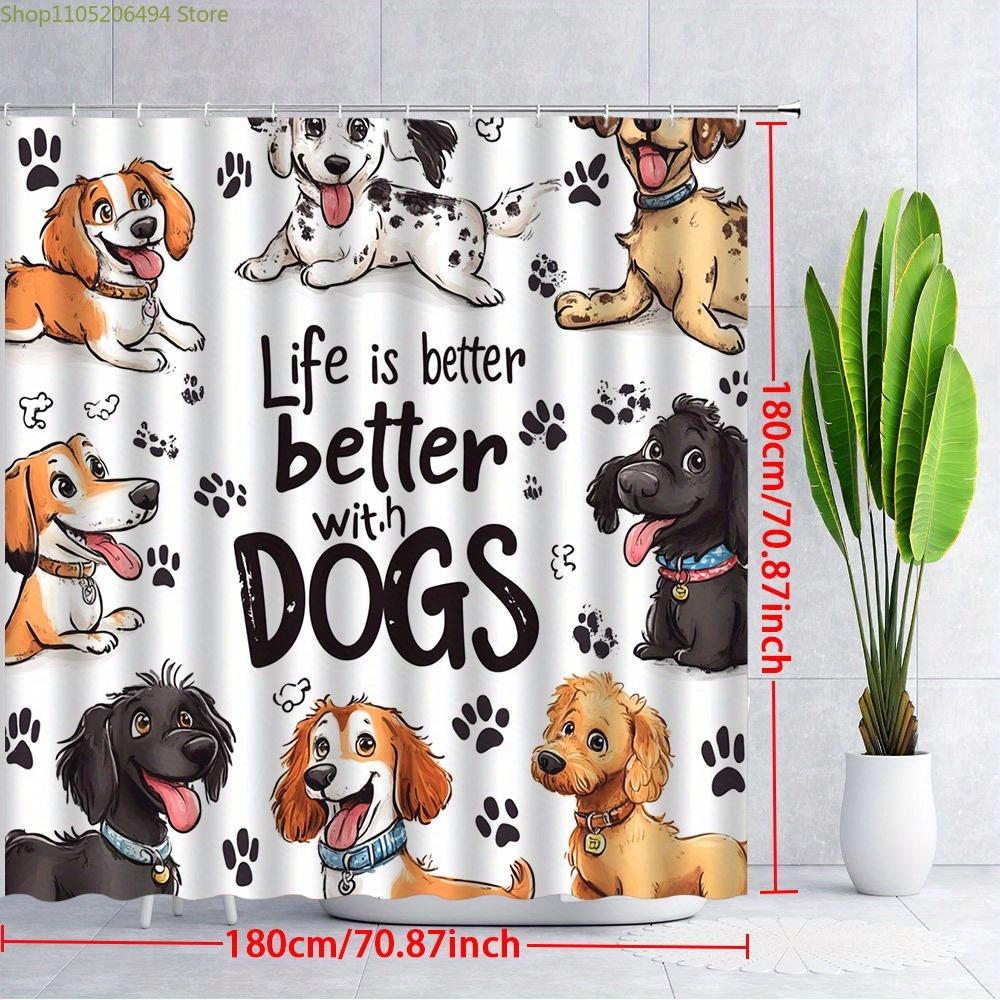 1pc Playful Cartoon Dogs Shower Curtain - "Life is Better with DOGS" Text, Expressive Happy Faces, Unique Collars & Tags, Poly