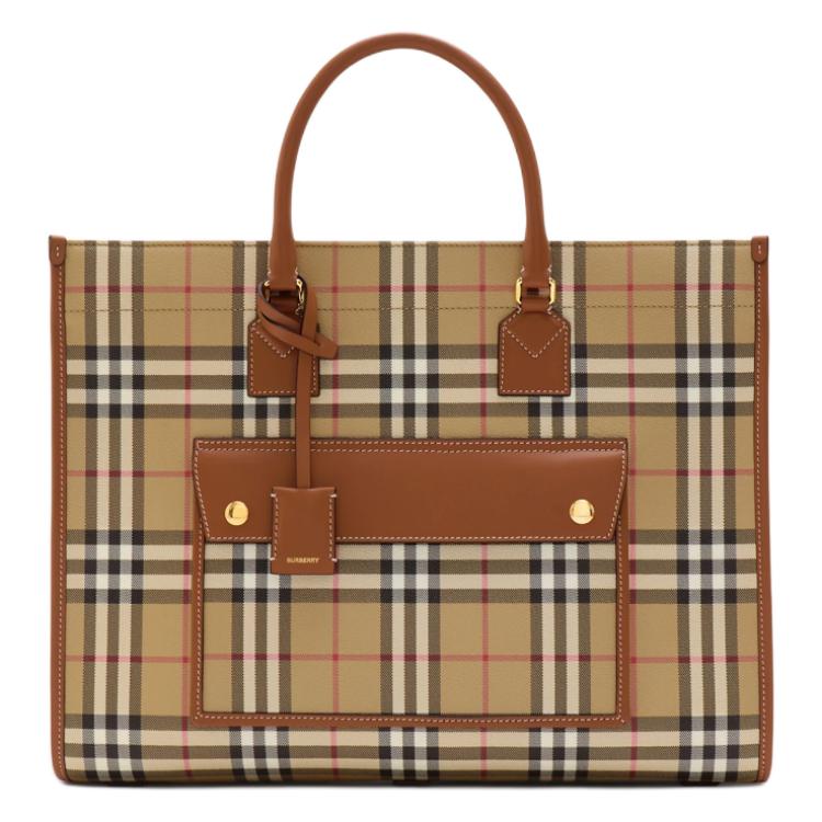 Burberry Borsa Tote a Scacchi Vintage con Bordi in Pelle, Lussuosa Borsa da Lavoro Grande Beige Archivio per Donna, Uso Ufficio e Pendolarismo Quotidiano 80975681
