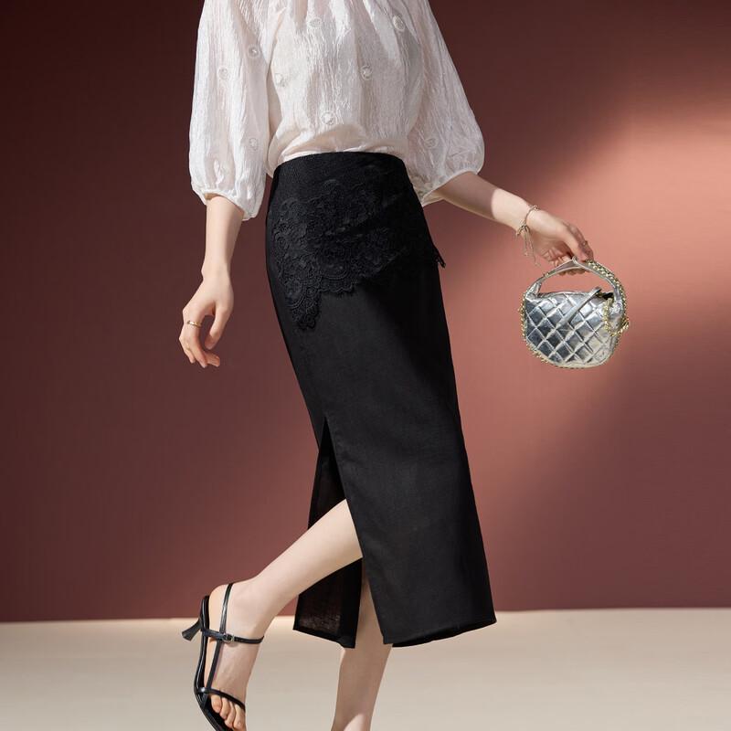 Elegant Lace Splicing Black Midi Skirt