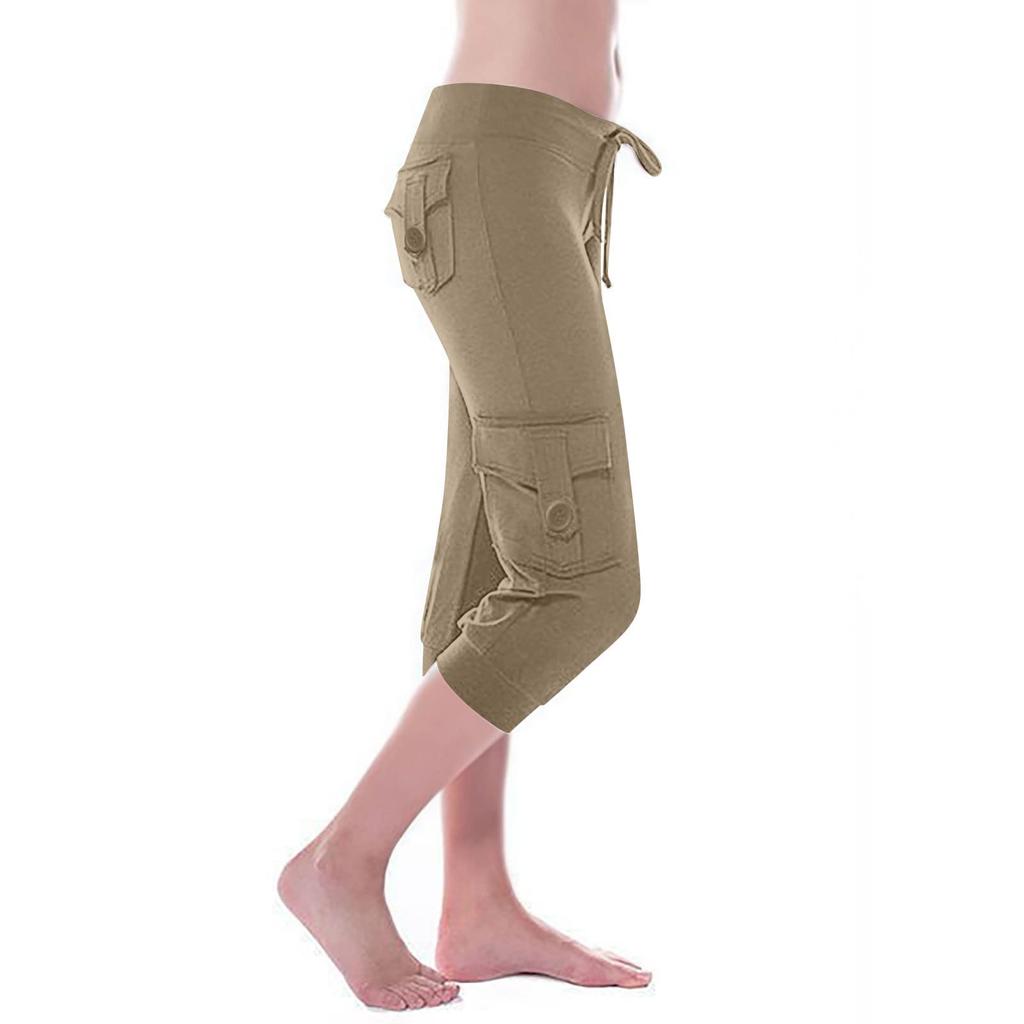 Women's Stretch-Waist Button-up Multi-Pocket Yoga Cropped Pants