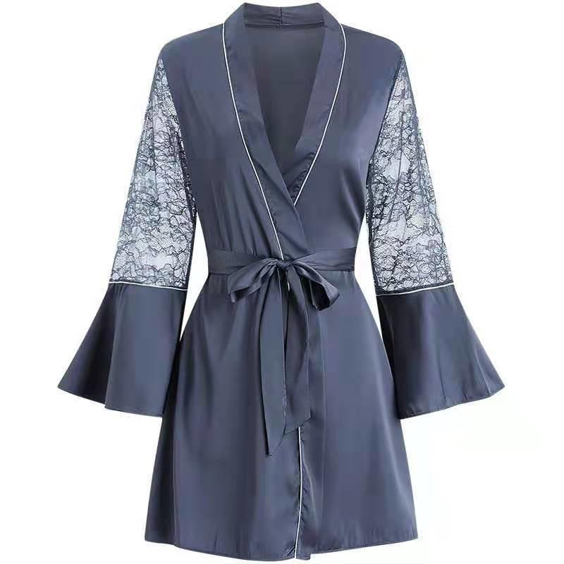 Pajamas Women's Summer Sexy Ice Silk Nightgown Thin Bathrobe Medium and Long Bathrobe Bridal Makeup Dressing Gown Loungewear