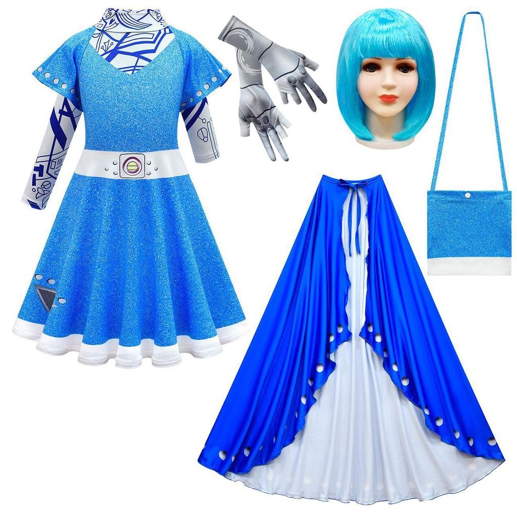 Zombies Kids Cosplay Costume Girls Dress Cloak Wig Bag Halloween Gift Outfit