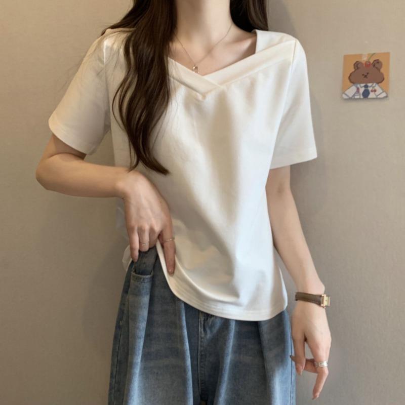 Damen Weiß Asymmetrischer Halsausschnitt T-Shirt Kurze Ärmel Unregelmäßiger Saum Lässig Enganliegend Basic Top