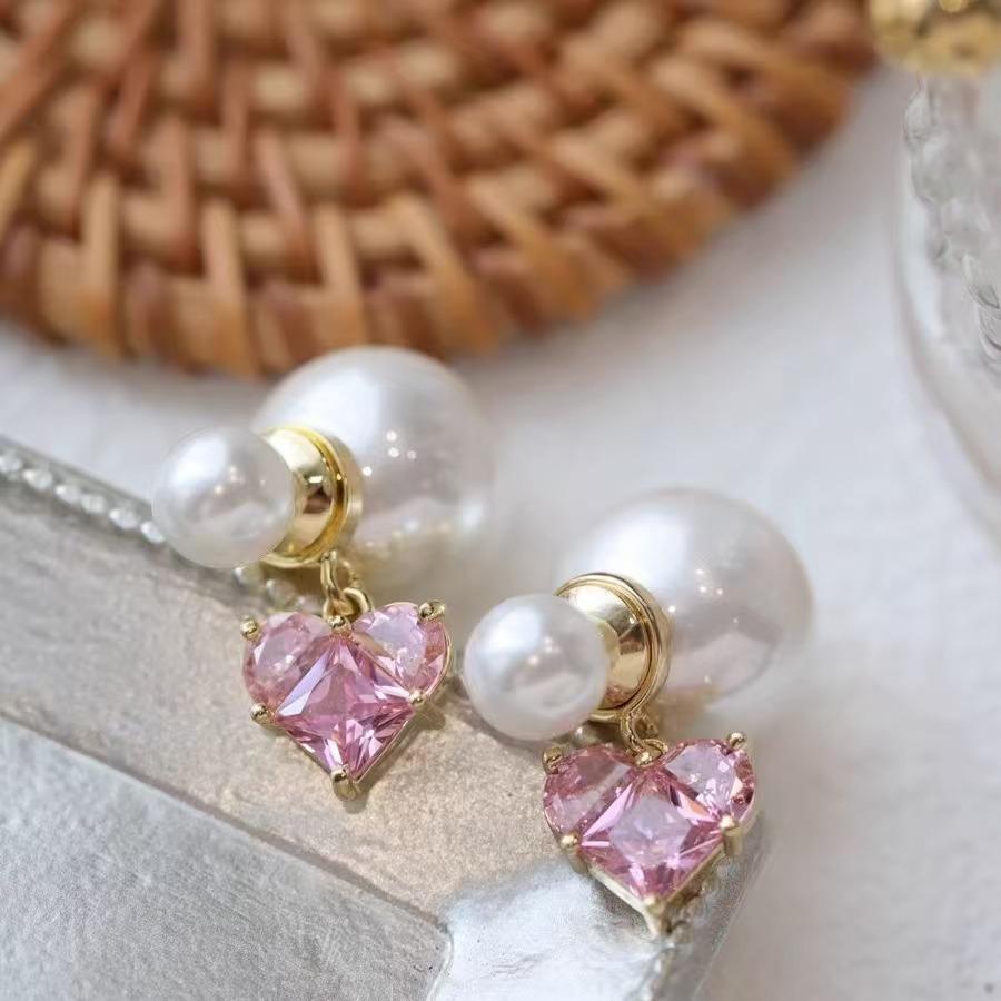 Silver Needle Light Luxury Gentle Pink Zircon Love Stud Earrings Femininity Small Fragrant Wind Pearl Earrings