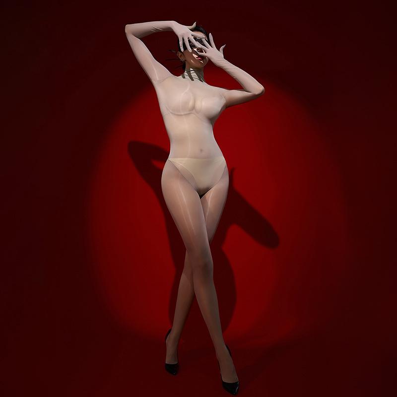 Damen Sexy Jumpsuit 8D Öl Glänzend Glänzend Strümpfe Verführung Nahtlos Elastisch Fünf-Finger Schwarze Seide Ganzkörperstrümpfe