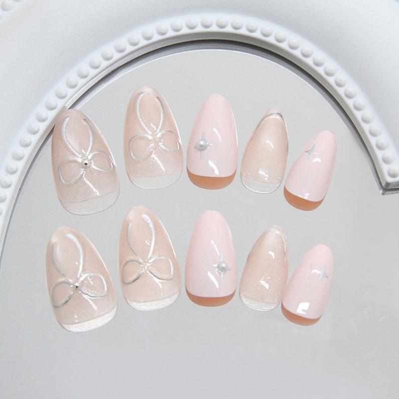 Almond Press on Nail Cats Eye Fake Nail with Bows Designs Full Cover Glues on Nail Glossy Acrylic Nail Artificial Nail