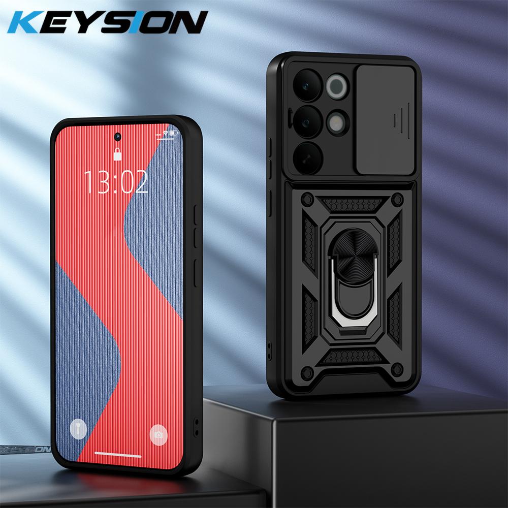 KEYSION Shockproof Armor Case for Realme C85 5G Slide Camera Lens Protection Ring Stand Phone Back Cover for OPPO Realme C85 Pro