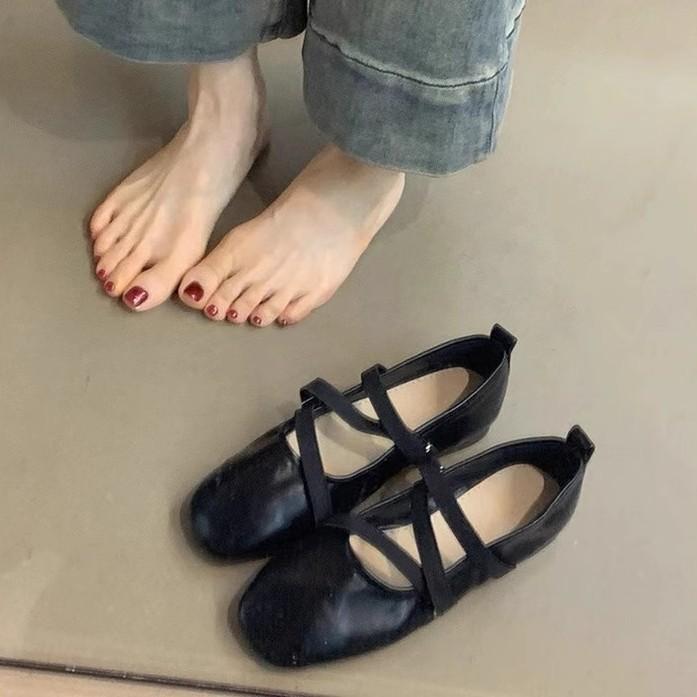 Sheepskin version~ French cross-strapped red Mary Jane shoes flat single shoes women's shallow mouth evening wind fairy ballet shoes