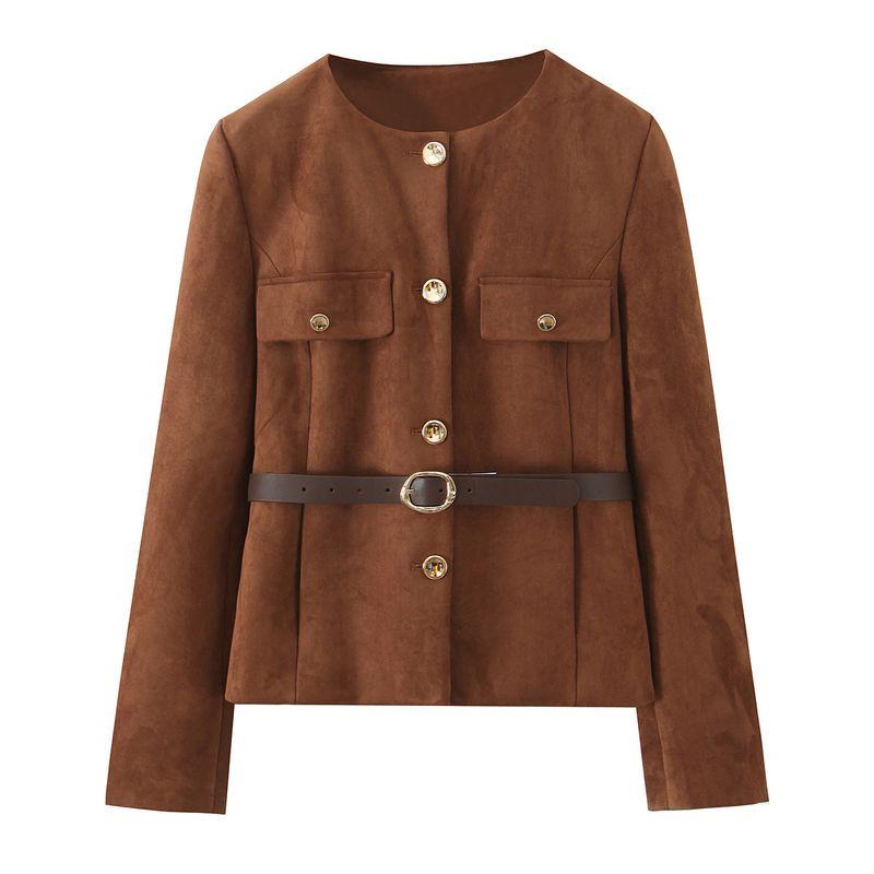 

На экспорт Новинка Женская одежда ZR Модный стиль с поясом Эффект замшевой текстуры Костюм Верхняя одежда 8741260 Brown L