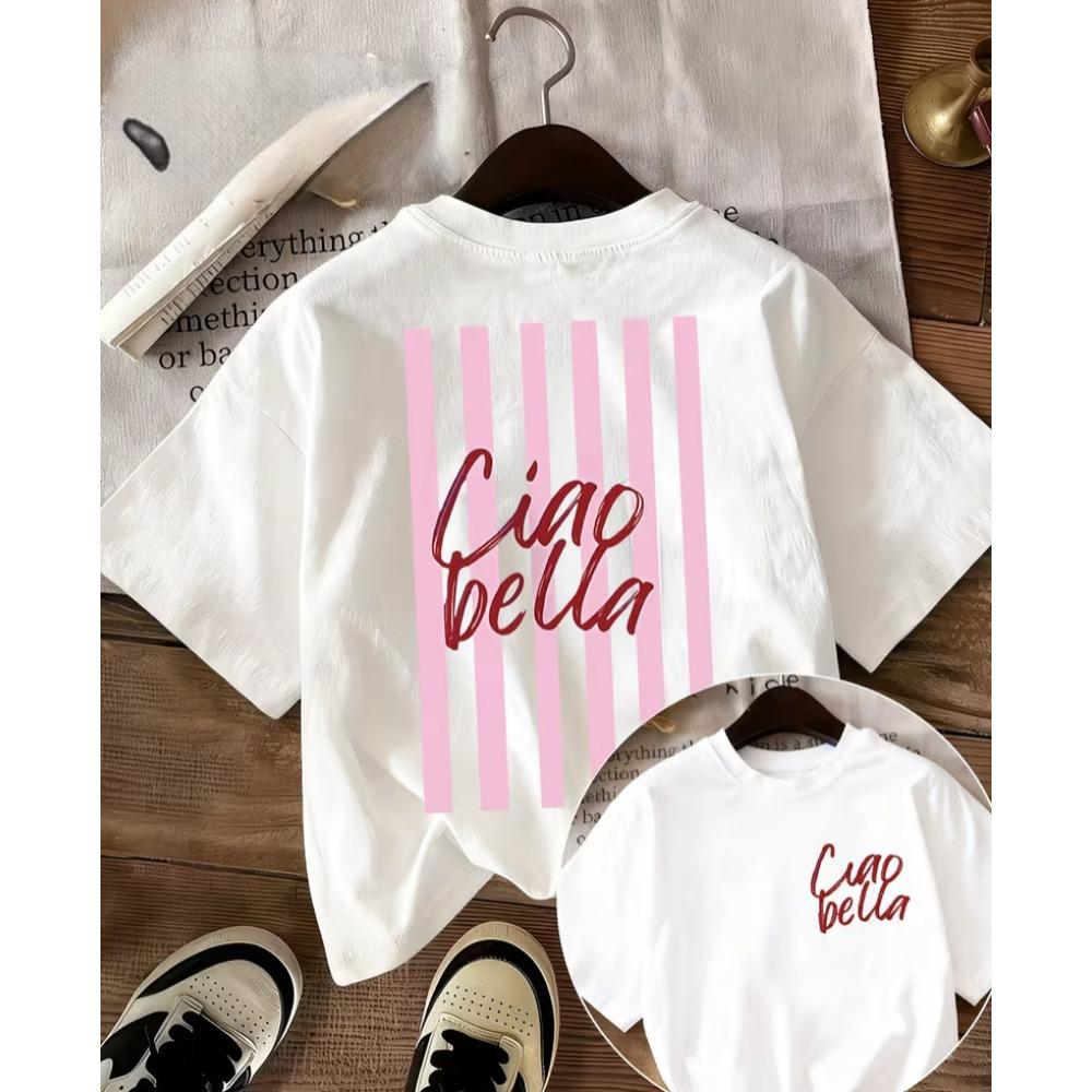 

Ciao Bella Striped Print T-shirt Italian Retro Graphic Short Sleeve Tops Women Casual Loose Streetwear Daily Wear Tee Summer M