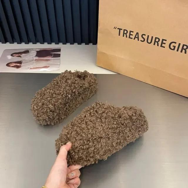 New Thick Heel Luxury Lamb Wool Winter Shoes for Women, Flip Top Flat Cap Shoes with Warm Curly Lamb Wool Slippers for Women