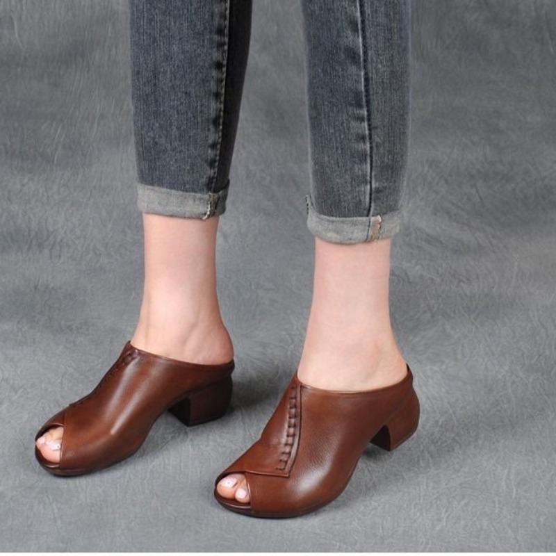 Fashion Thick-heeled Soft Leather Outer Slippers Fish Mouth Comfortable Versatile Mid-heeled Women Sandals Women's Mother's Shoes Women