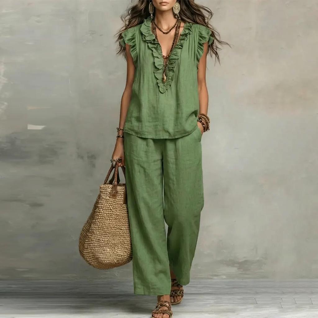 Women's Fashion V-neck Flying Sleeveless Tank Top Casual Pants Bohemian Cotton And Hemp Two Piece Set