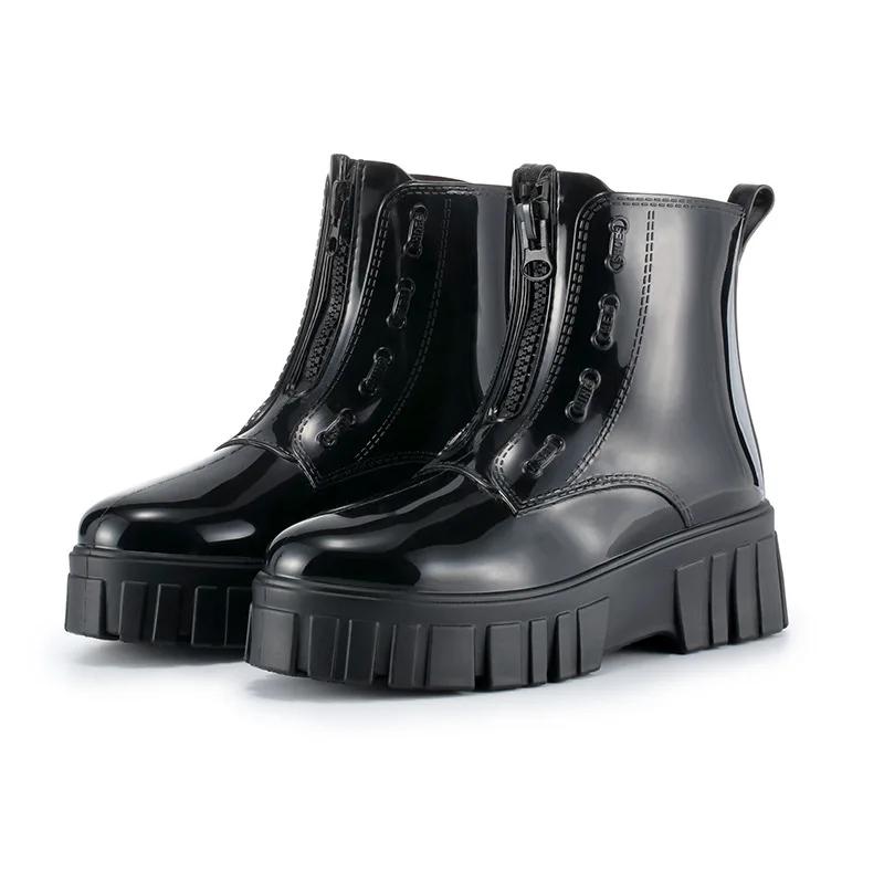 Fashion Mid Tube High Top Motorcycle Rain Boots  Women's Anti Slip and Wear-resistant Rain Shoes  Women Fashion Punk Thick Soled Shoes