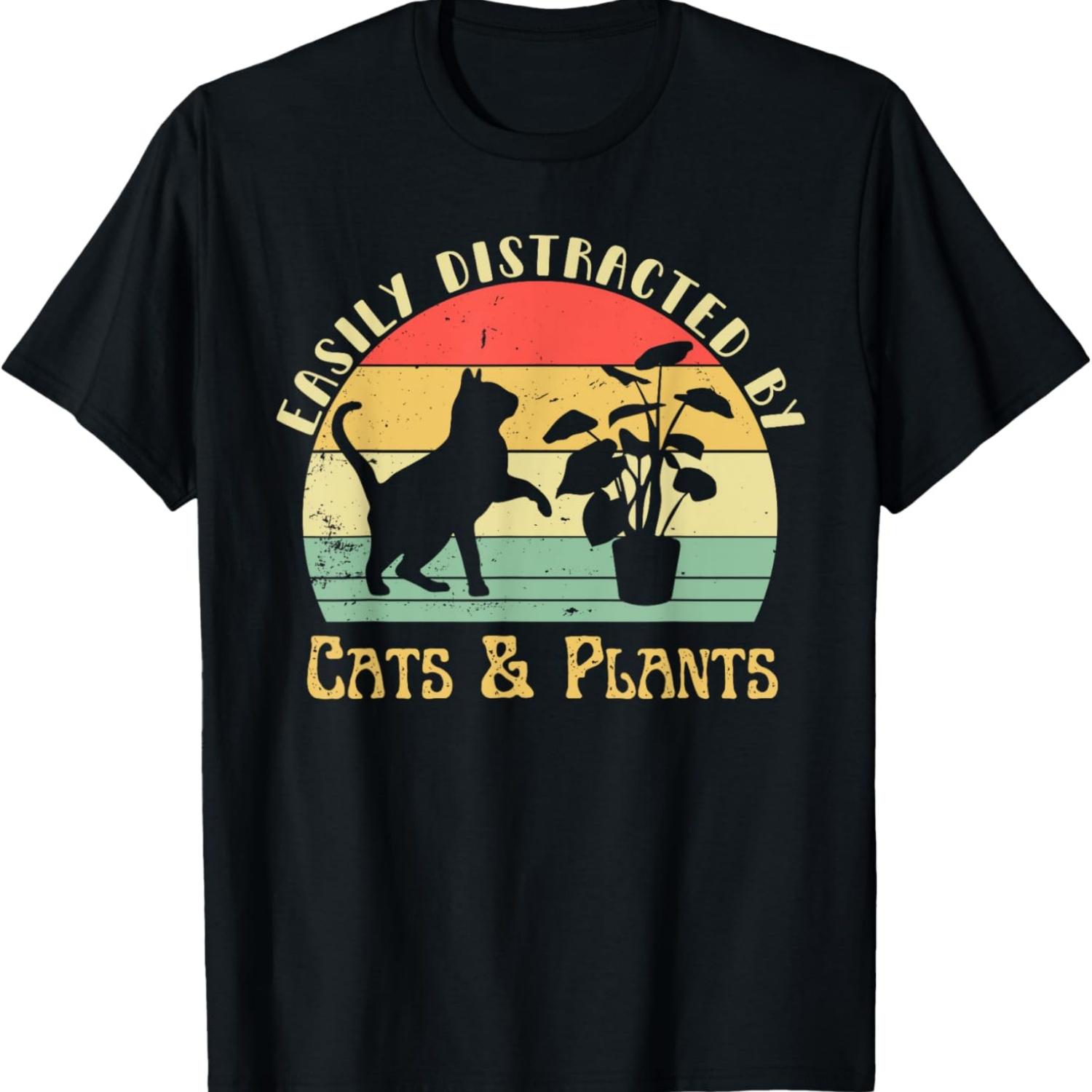 Retro Pet Cat Plant Lover Easily Distracted By Plants & Cats Men Women Girls Kids T-Shirt S чёрный