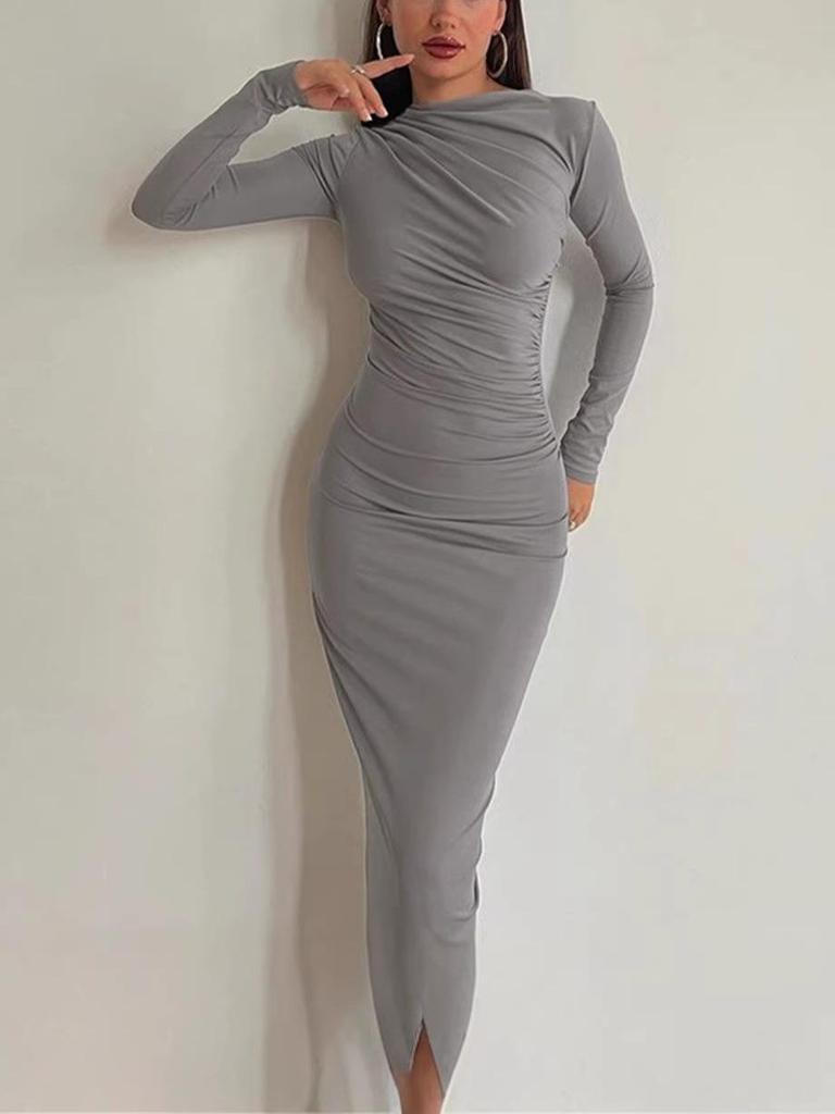 2026 European & American Slim Fit Solid Color Bodycon Dress - Long, Elegant, Temperamental, for Women: Spring/Autumn