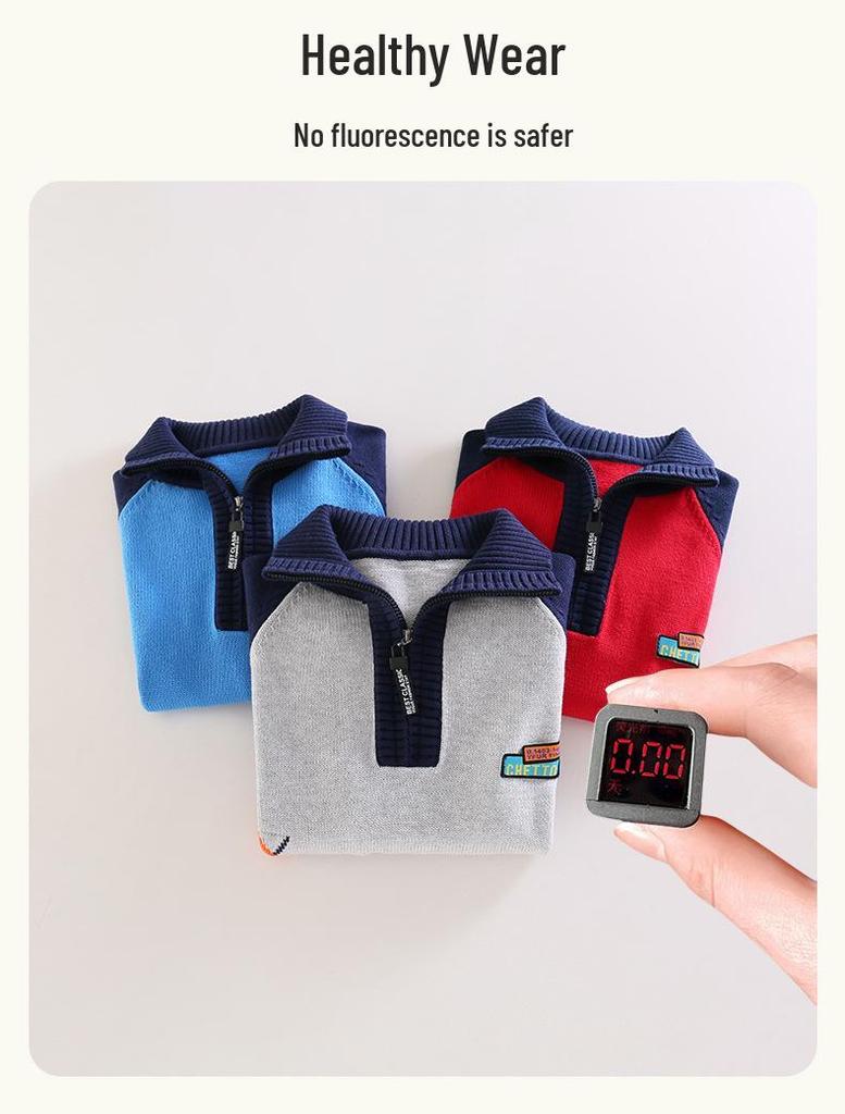 Boys' Cotton Half-Zip Fleece-Lined Knitted Pullover Sweater