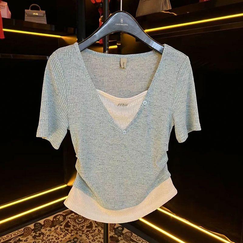 Womens Fake Two Piece V Neck Ribbed Knit Short Sleeve Top S синий