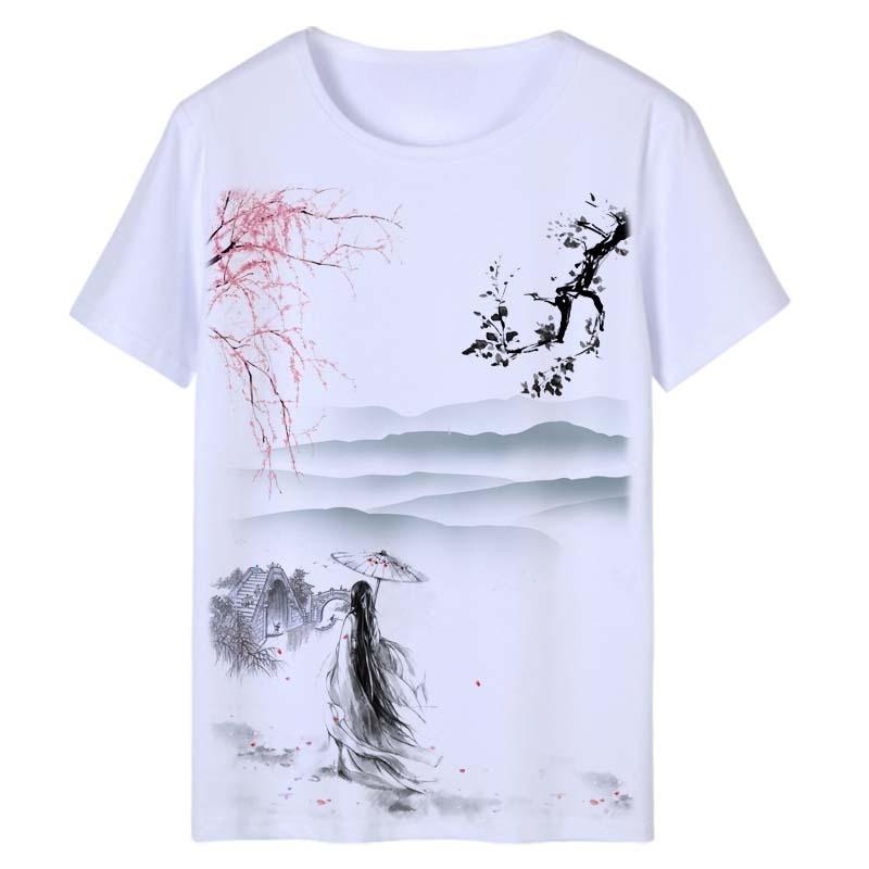 

Men Crew Neck Short Sleeve Chinese Ink Landscape Boat Tee 100 Cotton Casual Daily Sports Graphic TShirt Graphic T Shirts 2026 4XL