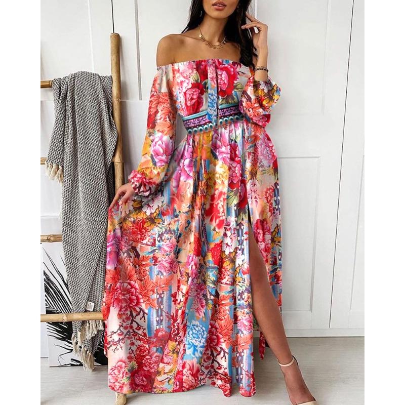 Suer evening dress printed dress one-word shoulder pullover retro long-sleeved big swing split dress