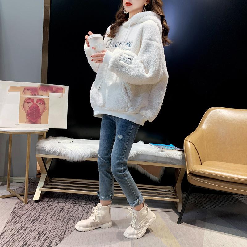 Gruba polarowa bluza z kapturem Damska kurtka futrzana Zimowy ciepły pulower Płaszcz Casualowy