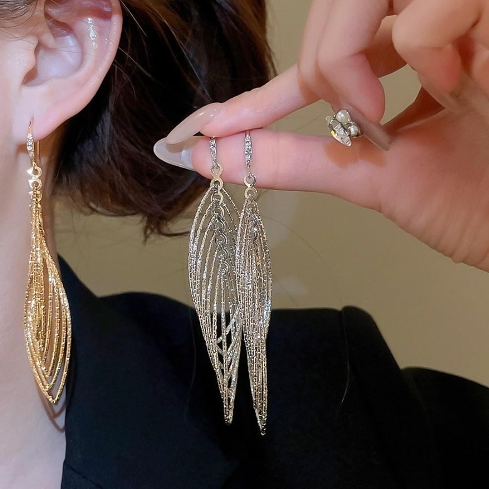 Gold Silver Metal Hollow Earrings Oval Hollow Ear Clip Long Tassel Dangle Earrings  Party