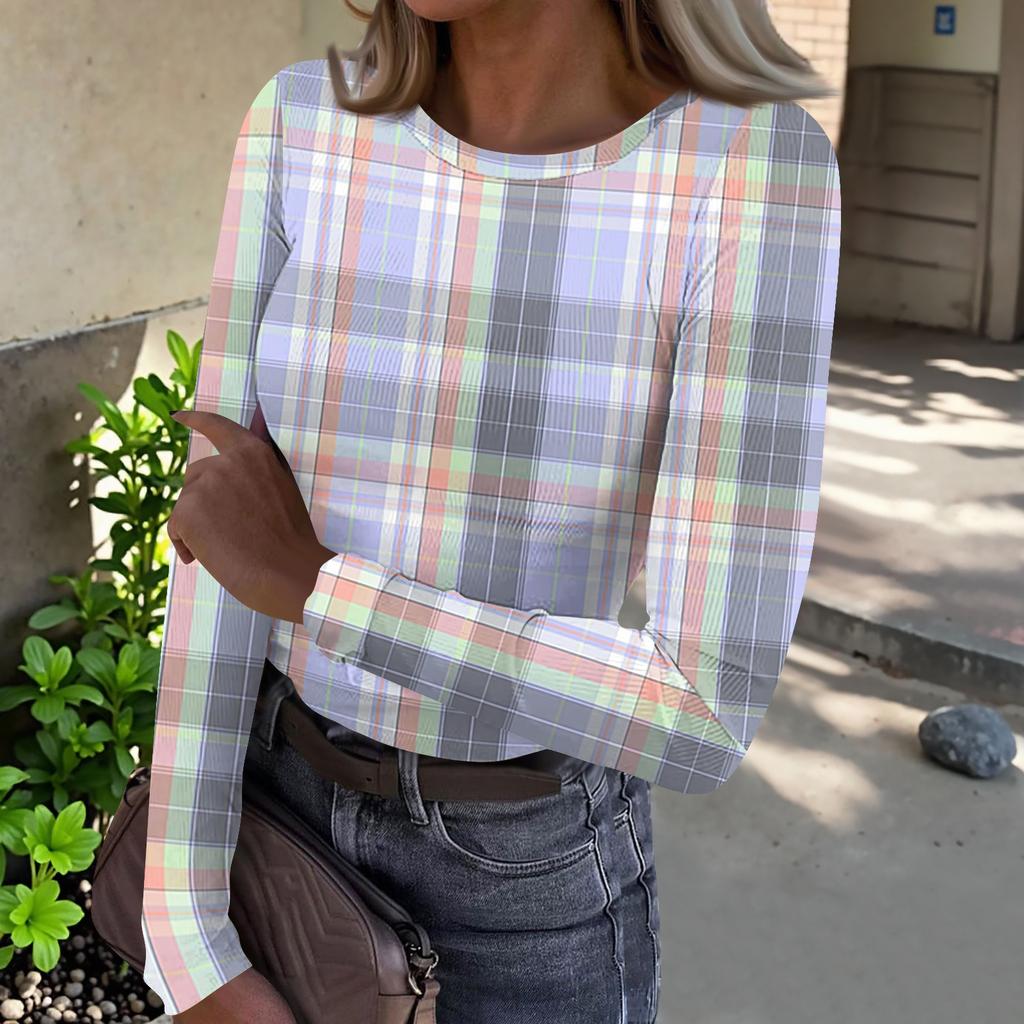 Top Casual de Mujer con Estampado de Cuadros, Cuello Redondo, Manga Larga y Canalé para el Uso Diario y el Trabajo