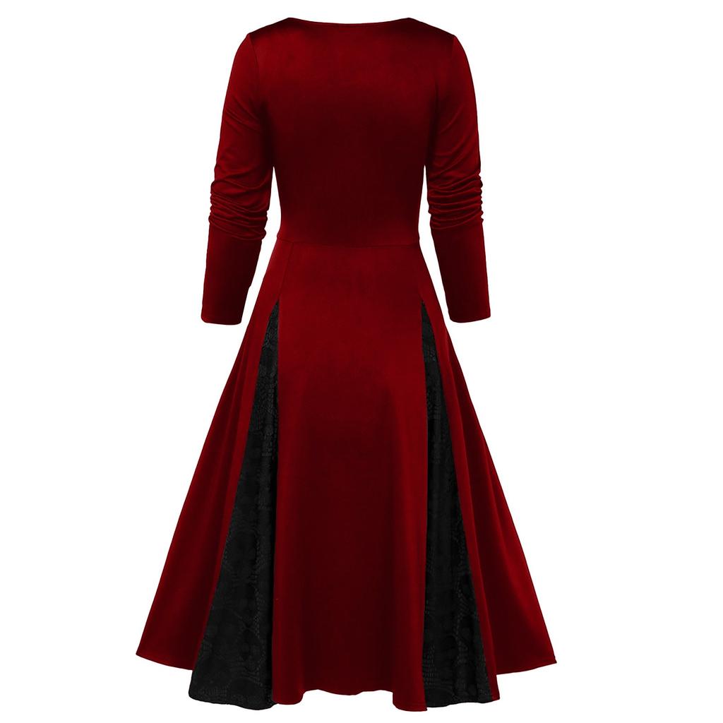 Women's Lace Color Block Patchwork Dress Vintage Long Sleeve Bow Dress Halloween Party Dress