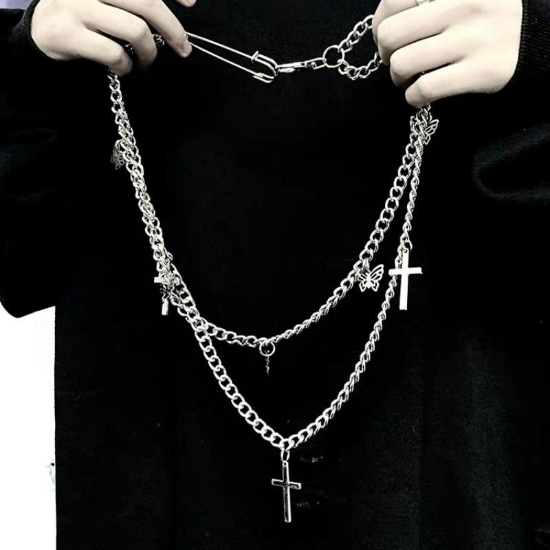 Cross Waist Chain Keychain Metal Punk Two Layer Butterfly Cross Necklace