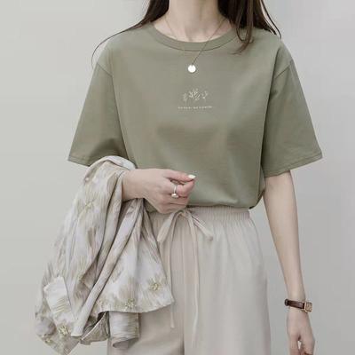 Short-sleeved Korean Round Neck T-shirt for Women In Summer Loose Plant Print Casual Solid Color Base Shirt Top Korean Women's Clothing