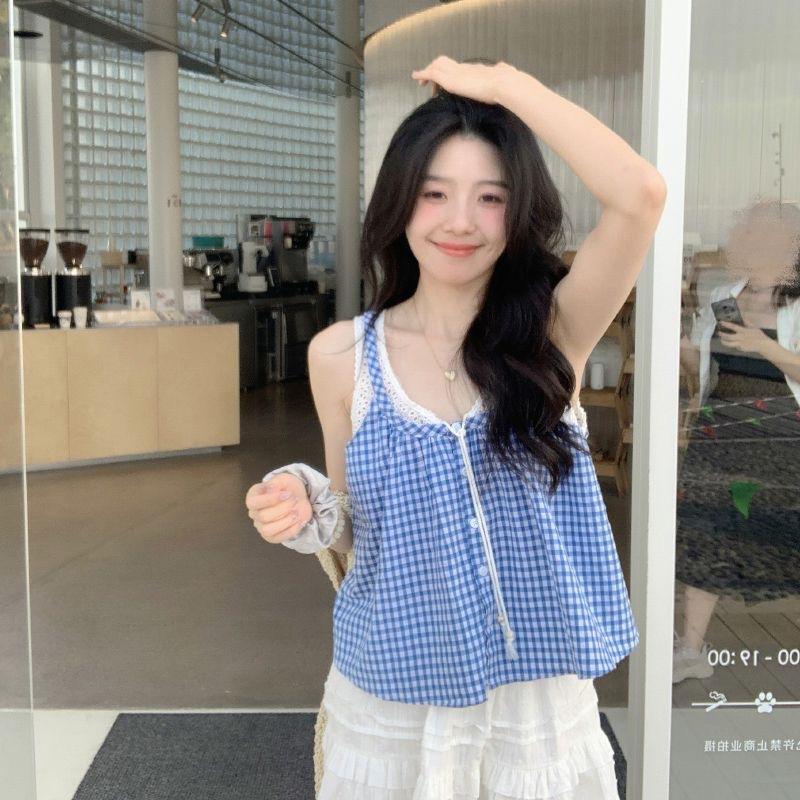 Korean sweet lace sleeveless lace plaid vest women's summer new loose lace-up fake two-piece suspender top