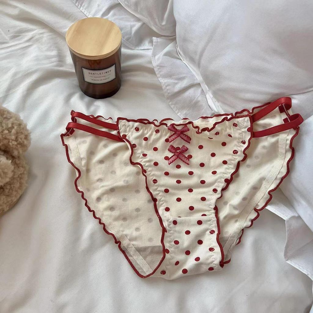 Milky Fufu Gentle Polka Dot Panties: Women's High Cut Bow Ruffle Lace-Edged Seamless Thong
