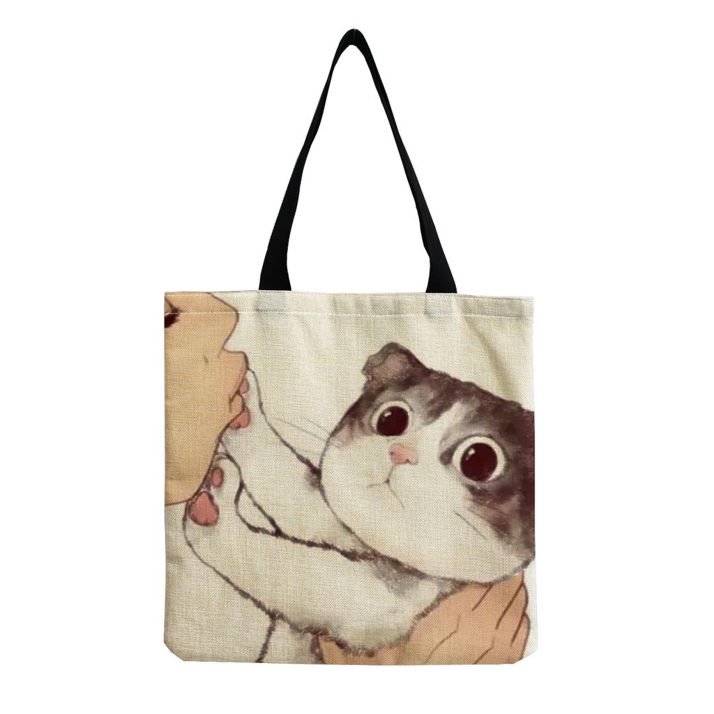Damen Vintage Leinen-Tragetasche - Große Kapazität Katzen-Print Schulter-Handtasche für Freizeit & Lebensmitteleinkauf KTB