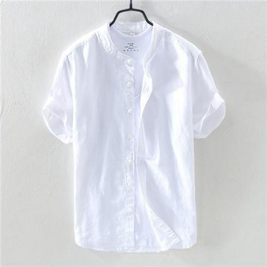 Men's Short-Sleeve Stand Collar White Linen Shirt, Casual Loose Fit, Lightweight Summer Cotton.