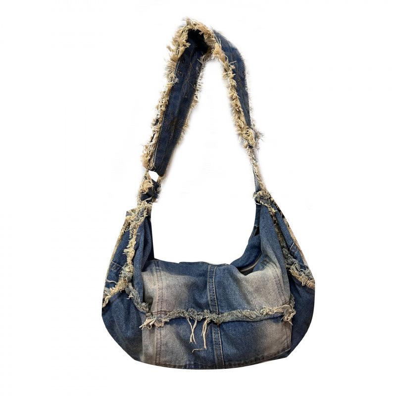 Старая Джинсовая Сумка с Неровными Краями Ленивая Диагональная Наплечная Большая Вместимость Ретро Модный Бренд Студенческая Дорожная Сумка-Тоут
