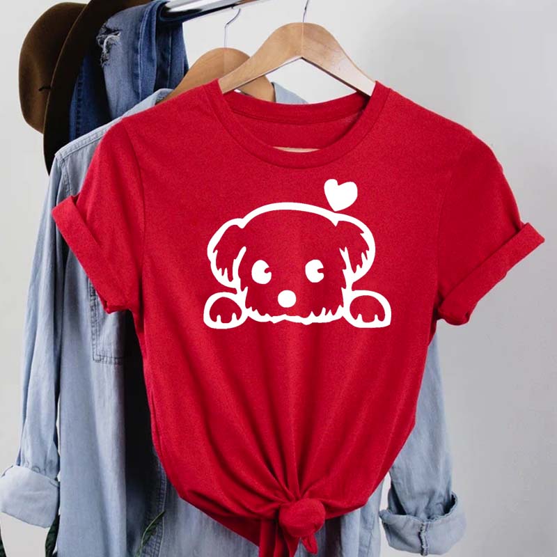 Frauen T Shirt Mode Hund Herzschlag Druck T-shirt Lustige 90er Jahre Druck T T-shirt Frauen T-shirt für Weibliche rote Hemd Kleidung Tops